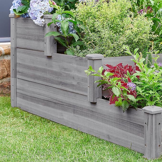 Topeakmart 3 Tier Raised Garden Bed Wood Garden Box Wooden Vegetables/Flower/Herb Elevated Garden Planter Boxes Outdoor Gray