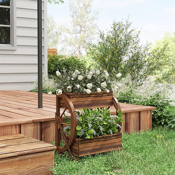 Outsunny 2-Tier Raised Garden Bed Wooden Wagon Planter Boxes with Drainage Holes for Vegetables Flowers Herbs 22 x 13 x 22