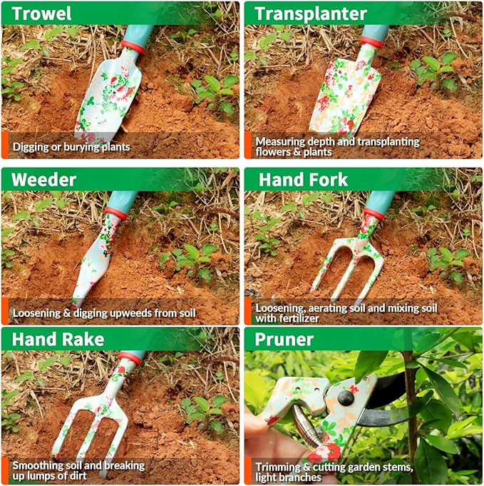 Garden Tools Set JUMPHIGH 10 PCS Heavy Duty Gardening Tools Includes Hand Trowel Rake Weeder Pruner Gardening Gifts for Women Garden Kit with Tote Bag Apron Gloves Kneeling Pad
