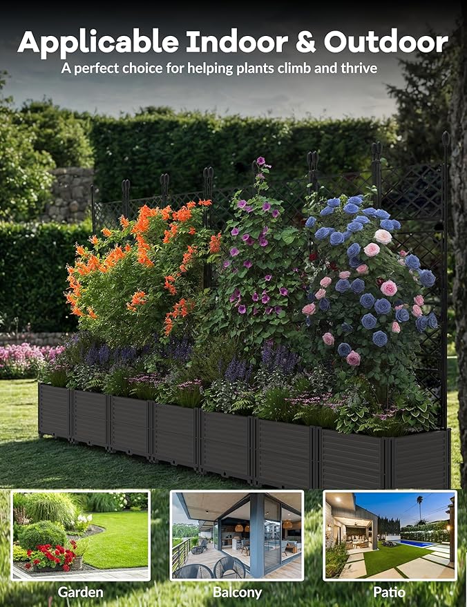 Garvee 7 PCS Plastic Plant with Metal Trellis Raised Garden Bed with Trellis Planter for Climbing Plant Outdoor Raised Box Privacy Screen for Patio Balcony Planter for Backyard Patio