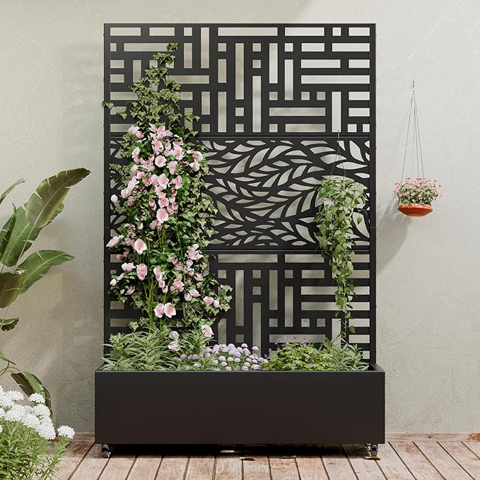 Casaphoria Metal Raised Garden Bed with Trellis and Wheels 72x47 Planter Box for Climbing Plants Vines &amp Vegetables Features Drainage Holes Helen &ampSpring