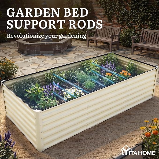 YITAHOME 8x4x2ft Large Raised Garden Bed Kit Galvanized Metal Planter Box with Gloves Support Rod &amp Safety Rubber Outdoor Above Ground Planters for Plants Vegetables Flowers Cream Yellow