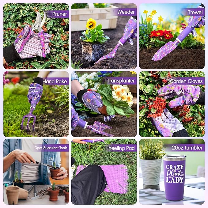 Lifecapido Gardening Gifts for Women Garden Tool Set 14 PCS Gardening Tools Set Kit with Tool Bag Plant Lover Birthday Christmas Mothers Day Garden Tools Gifts for Gardeners Women Mom (Purple)