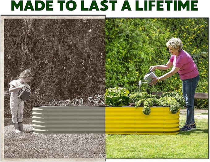 9-in-1 Galvanized Steel Raised Garden Bed // 8×2×1.5 ft Modular Planter for Gardening Vegetables Flowers // 18 Tall Metal Raised Garden Beds Outdoor (Yellow) // Patented Design Planter Box
