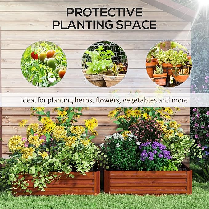 Outsunny 2 Piece Galvanized Raised Garden Bed 3.3' x 3.3' x 1' Metal Planter Box for Growing Vegetables Flowers Herbs Succulents Dark Brown