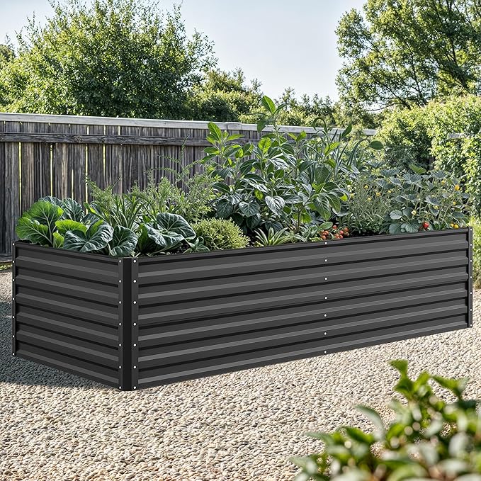 YITAHOME 8x4x2 ft 4pcs Galvanized Raised Garden Bed Kit Large Metal Planter Box with Gloves Safety Rubber &amp Support Rod Outdoor Flower Bed for Plants Vegetables Black