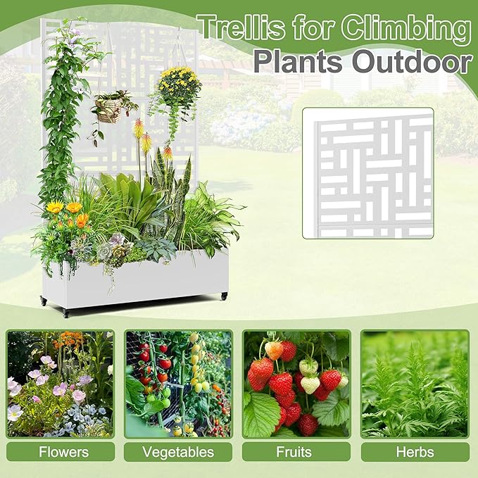 Raised Garden Bed with Trellis and Wheels73x47x16 Metal Raised Garden BedWhite Modern Metal Planter with Climbing Trellis for Vines &amp Vegetables
