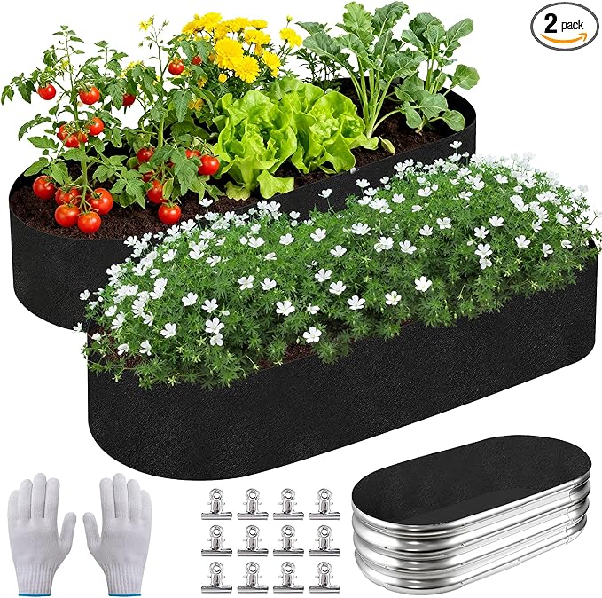 2 Sets 4 x 2 x 1 ft Raised Garden Bed Liner Bag Breathable Grow Bed Fabric Liners with Clips and Gloves Garden Box Non Woven Bag for Outdoor Plants Growth Keep Soil Isolation (No Garden Bed)