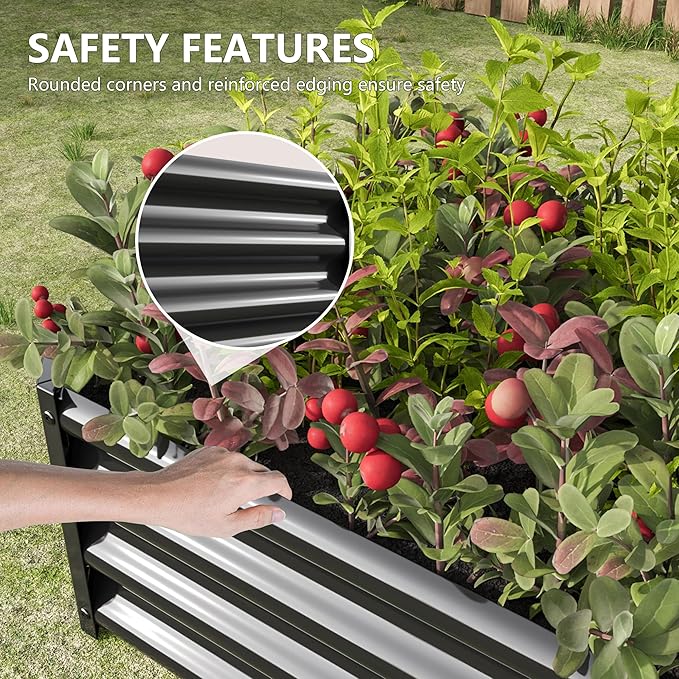 Raised Garden Beds Outdoor for Gardening 4×2×1ft Galvanized Rectangular Plastic Raised Planter Garden Box for Fruit Vegetables Herbs Flowers Growing Bed for Lawn Patio Balcony Black