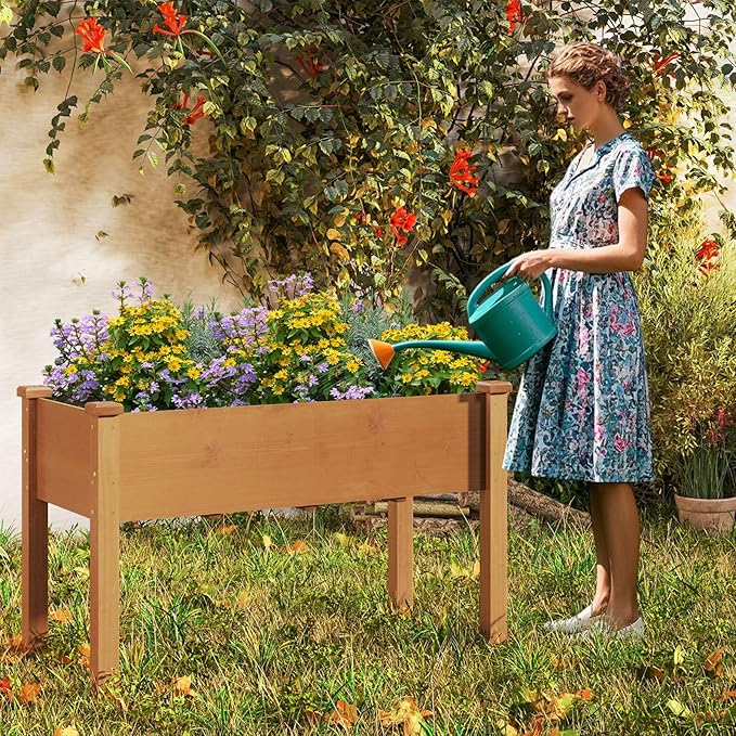 HAPPYGRILL Raised Garden Bed Outdoor Wood Garden Box w/Legs Drainage Holes Black Garden Liner Fabric Solid Wood Frame Elevated Planter Box for Backyard Patio Balcony 49” x 23” x 30” (L x W x H)