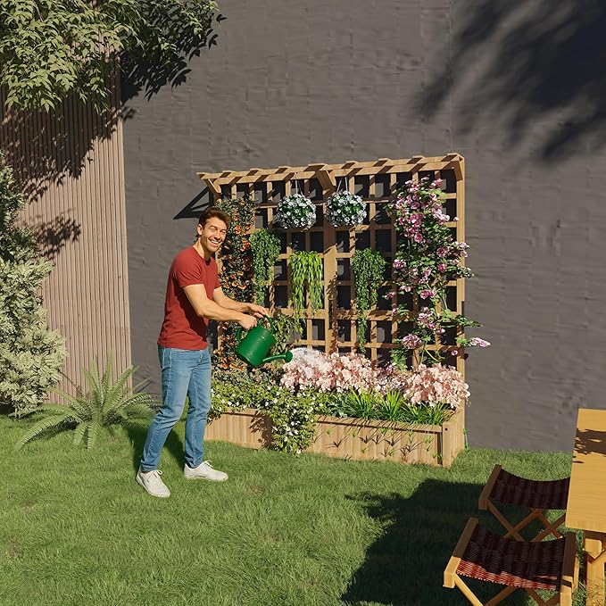 CABIHOME Two-Tier Wooden Planter Box with Trellis 1.4Ft Deep Elevated Raised Bed for Outdoor Flowers Veggies Hanging Roof &amp Drainage Holes