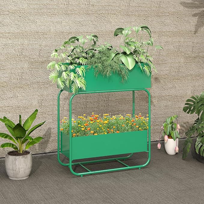 Raised Garden Bed with Legs - 2-Tier Elevated Garden Bed for Balcony Backyard Patio Outdoor &amp Indoor Metal Standing Garden Planter for Vegetables Flower(Green)