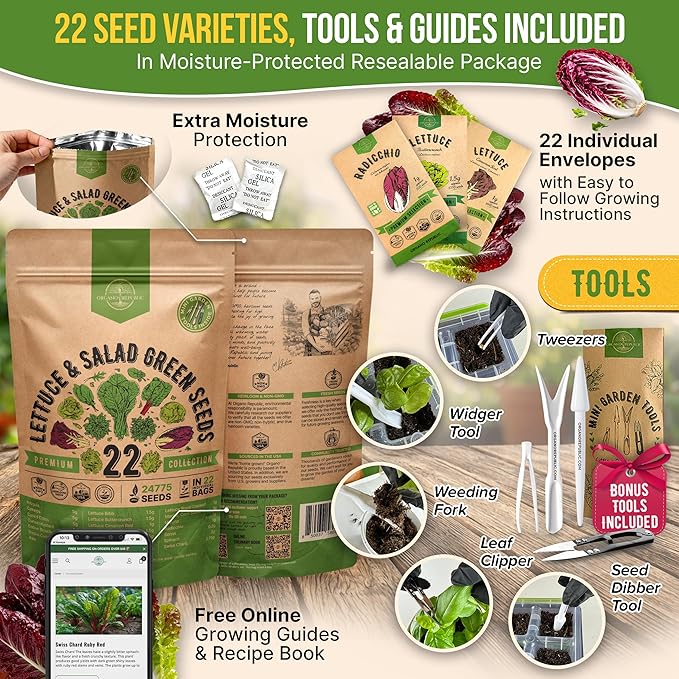 Organo Republic 22 Lettuce &amp Salad Greens Seeds Variety Pack 24700+ Non-GMO Heirloom Lettuce Seeds for Indoor &amp Outdoor Garden Hydroponic &amp Aeroponic - 2026 Season - Arugula Spinach Sw