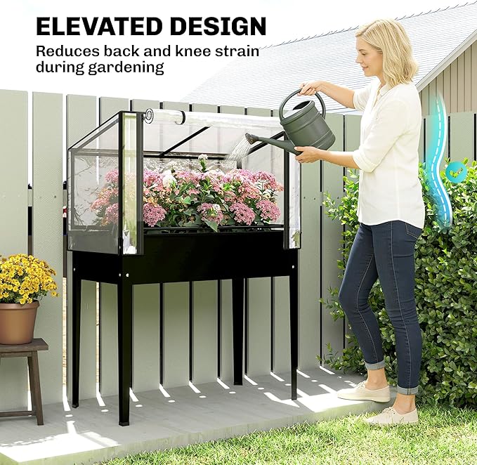 Outsunny Raised Garden Bed with Flip-Up Greenhouse Cover Metal Elevated Garden Bed with Legs and Drainage Hole Outdoor Raised Planter Box for Vegetables Herbs Flowers 39.4 x 18.9 x 52.8 Black