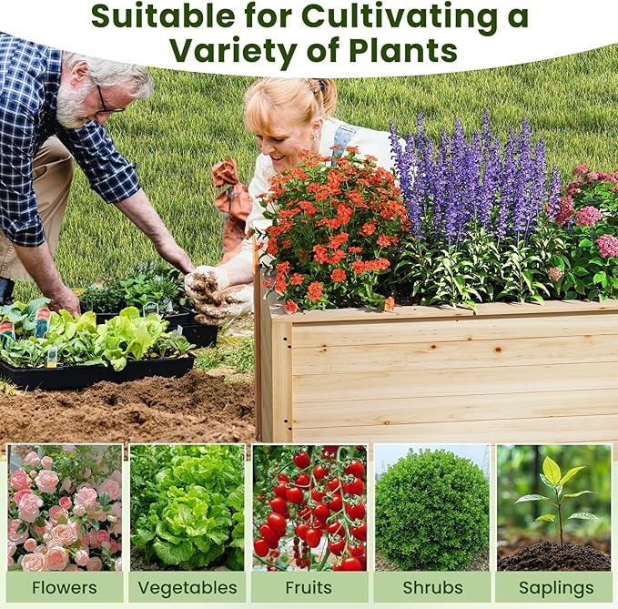 Giantex Set of 2 Wood Raised Garden Bed 40x25x26 Elevated Planter Box w/Open-Ended Base for Deep-Rooted Plant Vegetable Fruit Flower Outdoor Solid Wood Planter for Patio Backyard (40x25x26)