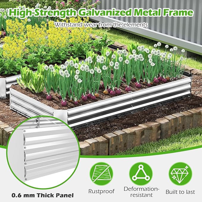 HAPPYGRILL 8x4x1FT Galvanized Raised Garden Bed Outdoor Metal Planter Box for Vegetable Flower Fruit Herb Galvanized Metal Garden Box with Open-Ended Base
