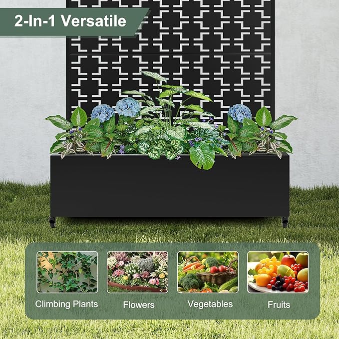 Metal Large Planter Box with Trellis Privacy Screen Outdoor Raised Garden Beds with Wheels for Climbing Plants Vines Outdoor Standing Flower Beds with Drainage Holes (47L Black Square)