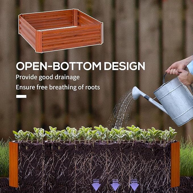 Outsunny 2 Piece Galvanized Raised Garden Bed 3.3' x 3.3' x 1' Metal Planter Box for Growing Vegetables Flowers Herbs Succulents Dark Brown