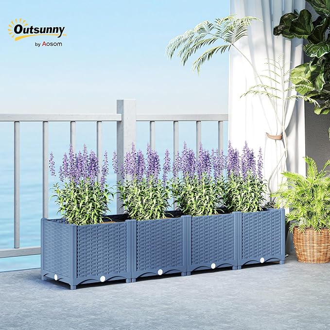 Outsunny 5 x 1 x 1 ft Raised Garden Bed Indoor Outdoor Plastic Planter Box with Drainage Holes Drain Plugs and Water Reservoirs for Vegetables Herbs Flowers &amp Succulents Blue