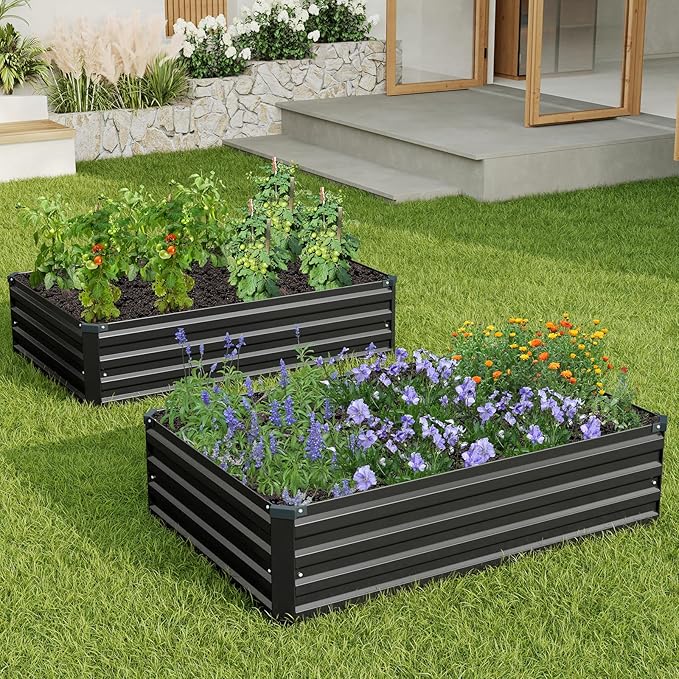 4×3×1FT(2PCS) Galvanized Raised Garden Bed Kit Metal Planter BoxesLarge Raised Garden Bed for Planting VegetablesFlowersHerbs -Black