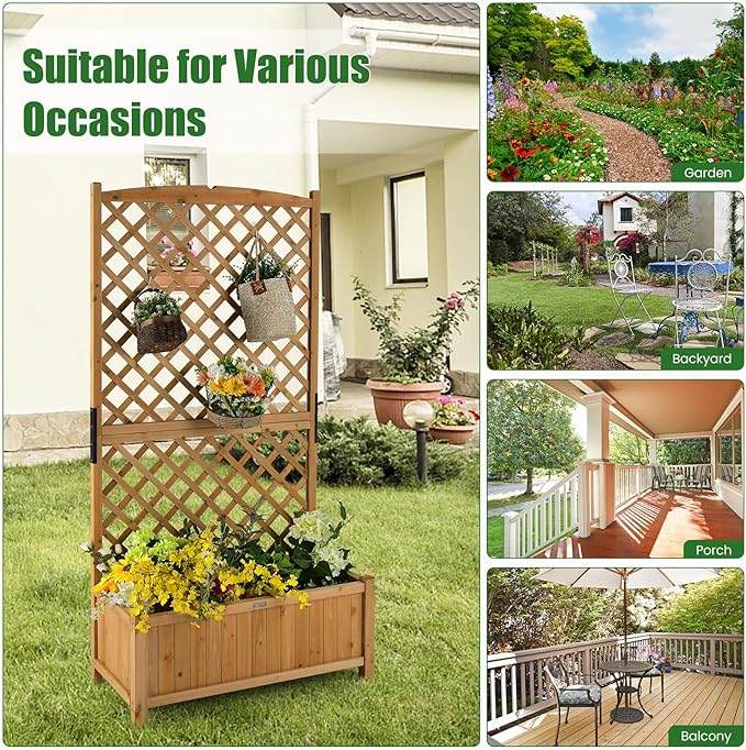 HAPPYGRILL 2 Pcs Raised Garden Bed 71 Wooden Planter Box with Trellis Drainage Holes Freestanding Elevated Garden Bed for Vine Climbing Plants (Yellow)