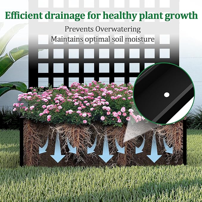 Metal Raised Garden Bed with Trellis 2 in 1 Trellis with Planter Box &amp Privacy Screen for Climbing Plants Vine Outdoor Standing Flower Beds with Drainage Holes 35.4 L x 16.7 W x 70.8 H Bla
