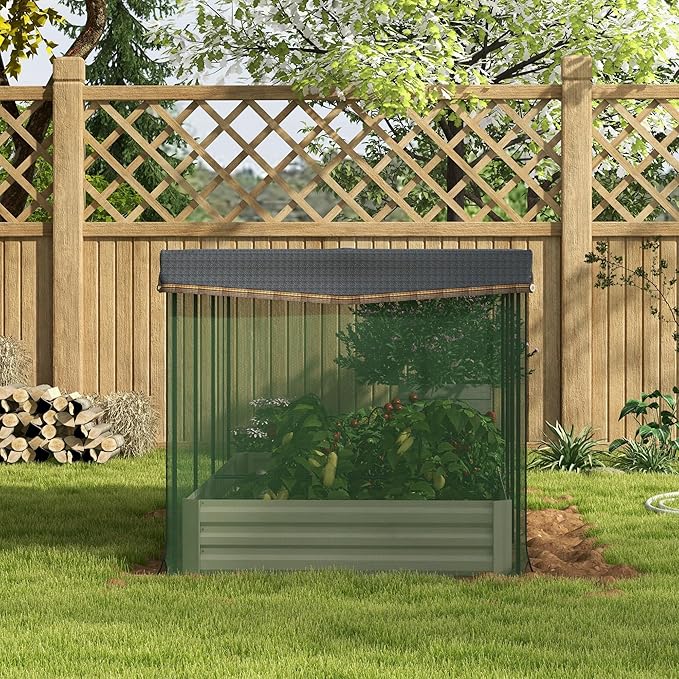 Outsunny 7.3 x 3.4 x 1 ft Galvanized Raised Garden Bed with Crop Cage Plant Protection Net and Shade Cloth Roof Metal Planter Box with Cover for Vegetables Flowers Herbs Beige