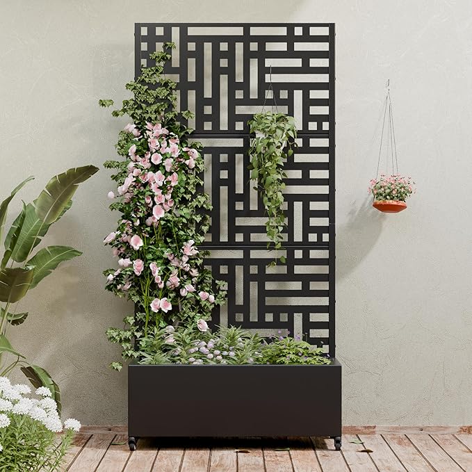 Casaphoria Metal Raised Garden Bed with Trellis and Wheels 72x35x16 Planter Box for Climbing Plants Vegetables &amp Vines Features Drainage Holes and Privacy Screen (Black-Helen)
