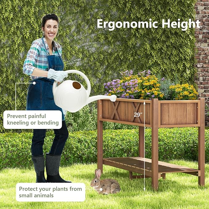Raised Garden Bed with Legs 47 x 18 x 29 Inch Elevated Planter Box w/HIPS Frame Drainage Holes &amp Storage Shelf Standing Raised Planter for Flowers Herbs Outdoor Balcony Backyard (Coffee)