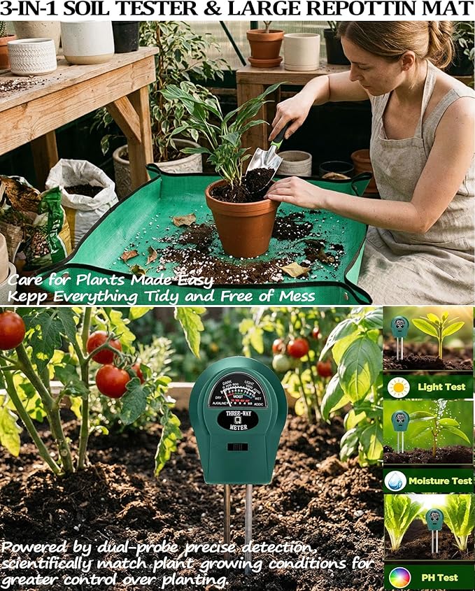 10 Piece Heavy-Duty Gardening Tools Set with Soil Moisture Meter - Rust-Proof Aluminum Gardening Hand Tools with Ergonomic Non-Slip Rubber Grips - Gardening Supplies Ideal Gift for Men &amp Women