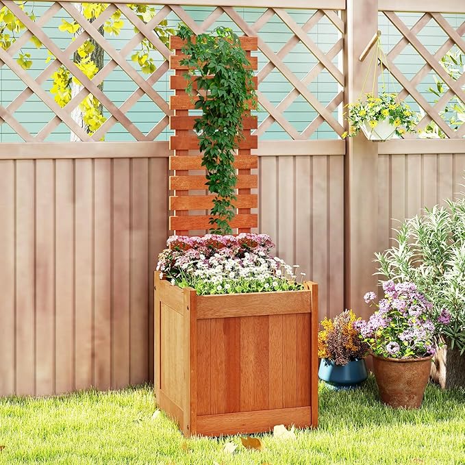 HAPPYGRILL Raised Garden Bed with Trellis Outdoor Elevated Planter Box w/Trellis Open-Ended for Climbing Plant Vine Flower Vegetable Freestanding Privacy Planters for Patio Yard 16x16x48 (2)