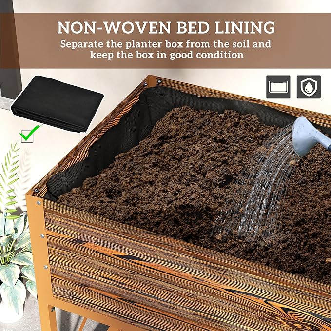 Outsunny Raised Garden Bed with Galvanized Steel Frame Storage Shelf and Bed Liner Elevated Planter Box with Legs for Vegetables Flowers Herbs Dark Brown
