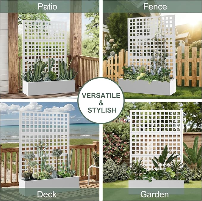 Metal Raised Garden Beds Outdoor with Trellis &amp Privacy Screen for Outdoor Plants Planter Box for Climbling Plants Flowers Vine Large Garden Boxes with Drainage Holes (47L×16W×71H White)