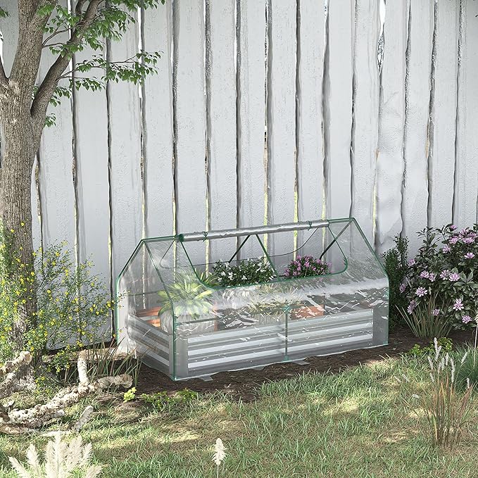 6' x 3' Galvanized Raised Garden Bed with Mini PVC Greenhouse Cover Outdoor Metal Planter Box with 2 Roll Up Windows for Growing Flowers Fruits Vegetables and Herbs Silver