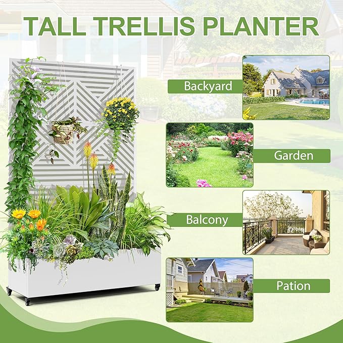 Raised Garden Bed with Trellis and Wheels73x47x16 Metal Raised Garden BedWhite Diamond Metal Planter with Climbing Trellis for Vines &amp Vegetables