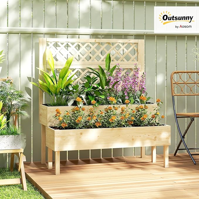 Outsunny 2-Tier Raised Garden Bed with Trellis Wooden Elevated Planter Box with Drainage Gaps Liners Trellis Planter for Climbing Plants Flowers Herbs 42.5 x 24.4 x 47.2 Natural