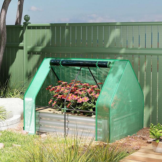 Outsunny 4 x 3 x 3ft Raised Garden Bed with Mini Greenhouse Galvanized Raised Garden Bed with Cover for Herbs and Vegetables Small Greenhouse for Patio Garden Balcony Green