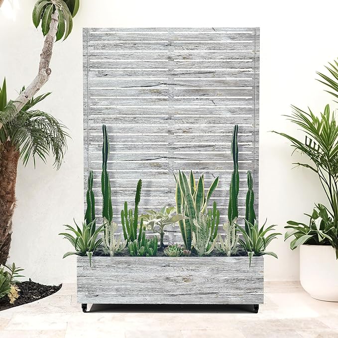 Metal Planter Boxs with Trellis &amp Wheels for Outdoor Plants Vines Large Raised Garden Beds with Drainage Holes for Patio (47 L Gray Oak Grain)