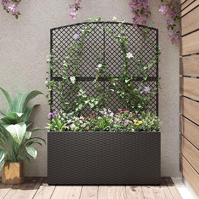 BECOMFORT 58”H Raised Garden Bed with Trellis Tall Wicker Planter Box with Privacy Screen Liner &amp Drainage for Balcony Yard PE Rattan Outdoor Flower Box for Climbing Plants Vegetables &amp Fl