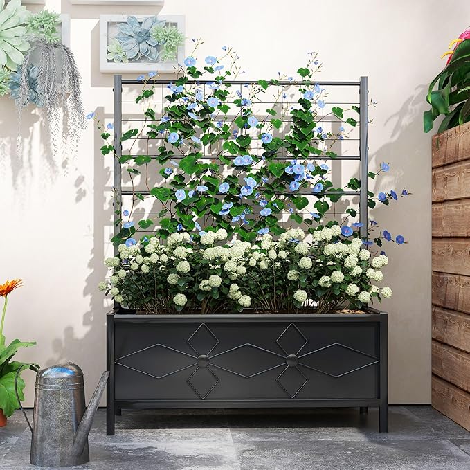 35.4x15.7x47.2 110lb Premium All-Weather Heavy-Duty Galvanized Steel Raised Garden Bed with Supportive Trellis and Drainage System Black