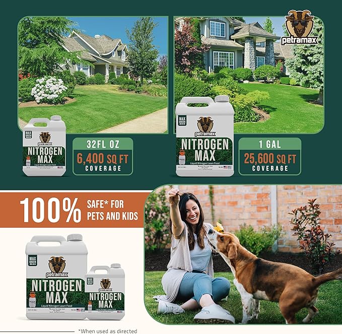 Petramax Liquid Nitrogen Fertilizer 28-0-0 NPK - 1 Gallon Spring &amp Summer Liquid Grass Fertilizer for Lawn Spray on Easy to Apply for Deep Green Lawn Care - Slow Release High Nitrogen Turf Builde