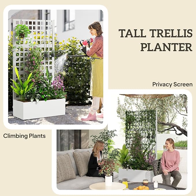 Outsunny Galvanized Raised Garden Bed with Trellis Metal Planter Box with Drainage Holes Outdoor Privacy Screen for Climbing Plants Vegetable Vines 35 x 16 x 70 White