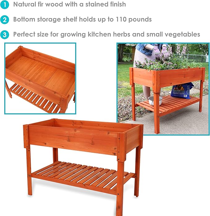 Sunnydaze 42-Inch Wooden Outdoor Raised Garden Bed with Lower Shelf for Flowers Herbs and Vegetables - Stained Finish