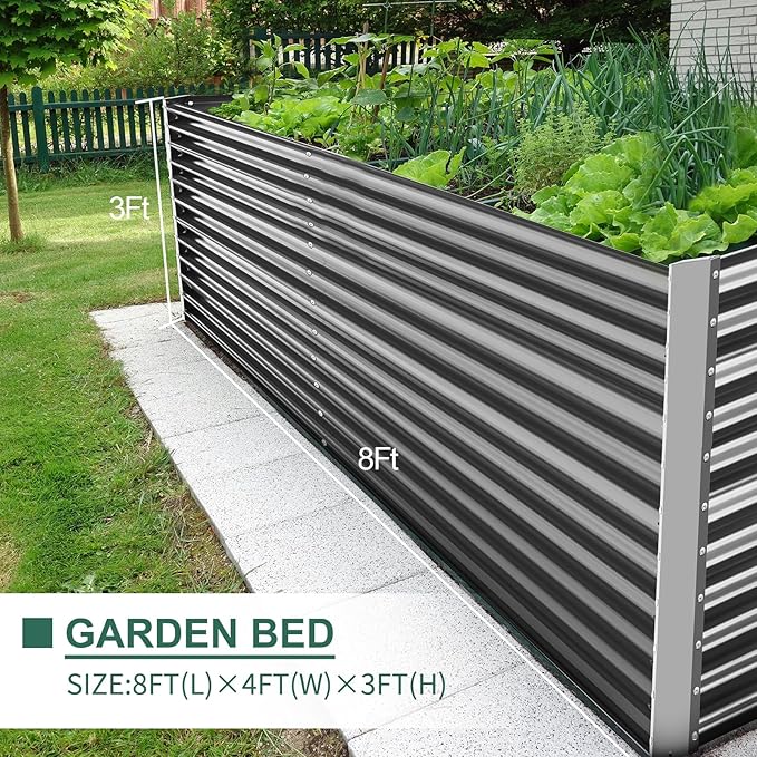 Land Guard 8x4x3ft Rectangular Galvanized Raised Garden Beds Large-Capacity Metal Planter Box Outdoor Durable Deep Raised Garden Bed 3ft Tall Raised Beds for Gardening Vegetables Modern Gray