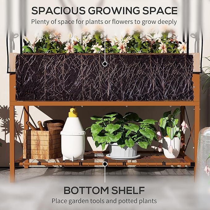 Outsunny Raised Garden Bed with Cover and Storage Shelf Rectangular Metal Elevated Planter Box with Legs and Bed Liner for Vegetables Flowers Herbs Dark Brown