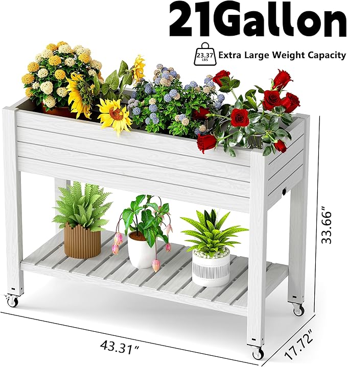 21 Gallon Raised Garden Bed with Legs and Wheels Self-Watering Raised Planter Box with Drainage Plug and Gauge Lower Shelf for Tools and Accessories Dust-Proof Resin for Patio and Backyard