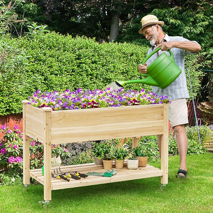 Giantex Raised Garden Bed on Wheels Wood Planter Box with Legs Liner Drain Holes Elevated Garden Bed for Vegetables Standing Garden Container for Backyard Patio 47.5 LX 23.5 WX 33 H