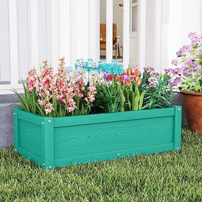 HDPE Raised Planter Box OutdoorRot-Resistant and Non-CrackingRaised Beds for Gardening 29.5 * 14.4 * 9.8 in for YardLawnOutdoor Planter Boxes Rectangle with Drainage Holes Aruba Blue