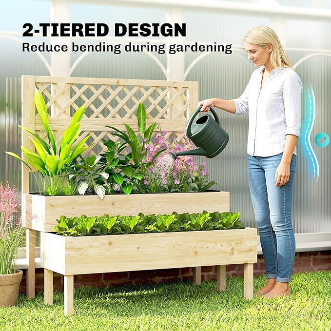 Outsunny 2-Tier Raised Garden Bed with Trellis Wooden Elevated Planter Box with Drainage Gaps Liners Trellis Planter for Climbing Plants Flowers Herbs 42.5 x 24.4 x 47.2 Natural