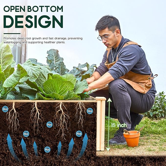 SPECRAFT 8x4 Ft Wood Raised Garden Bed Durable 15 Inch Depth Planter Box for Vegetables Herbs and Flowers Ideal for Outdoor Gardening with Open Base